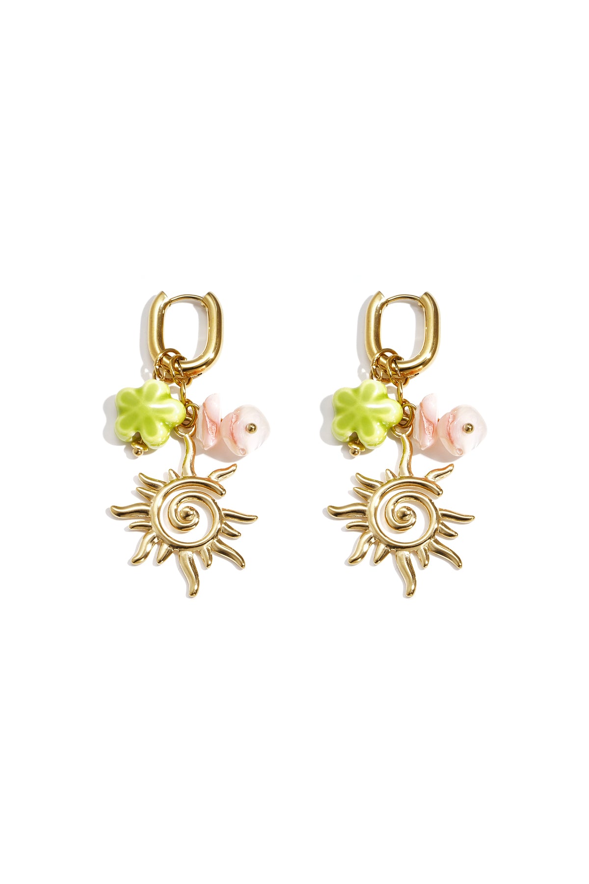 Oval hoop earrings with sun and bead charms